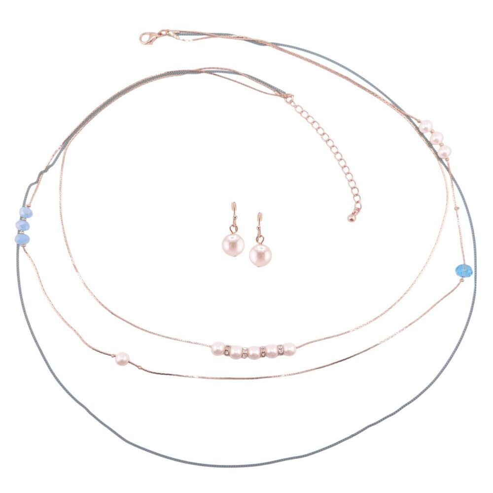 Rain Faux Pearl and Blue Crystal Beaded Three Layer Earring & Necklace Set NWT